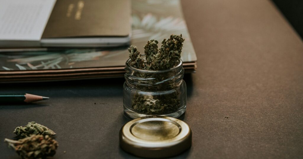 Cannabis flower next to textbooks